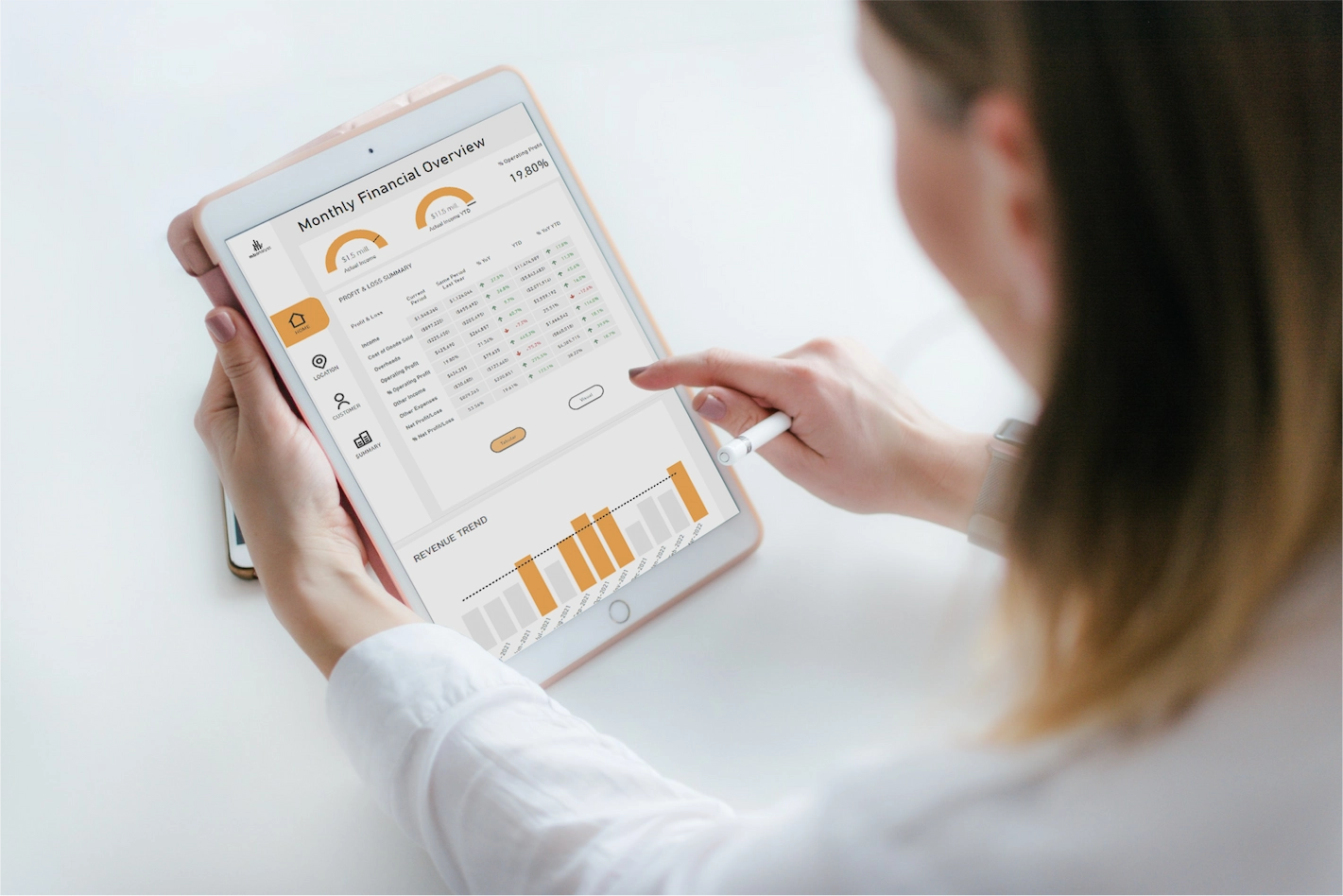 Woman working with dashboards in a tablet